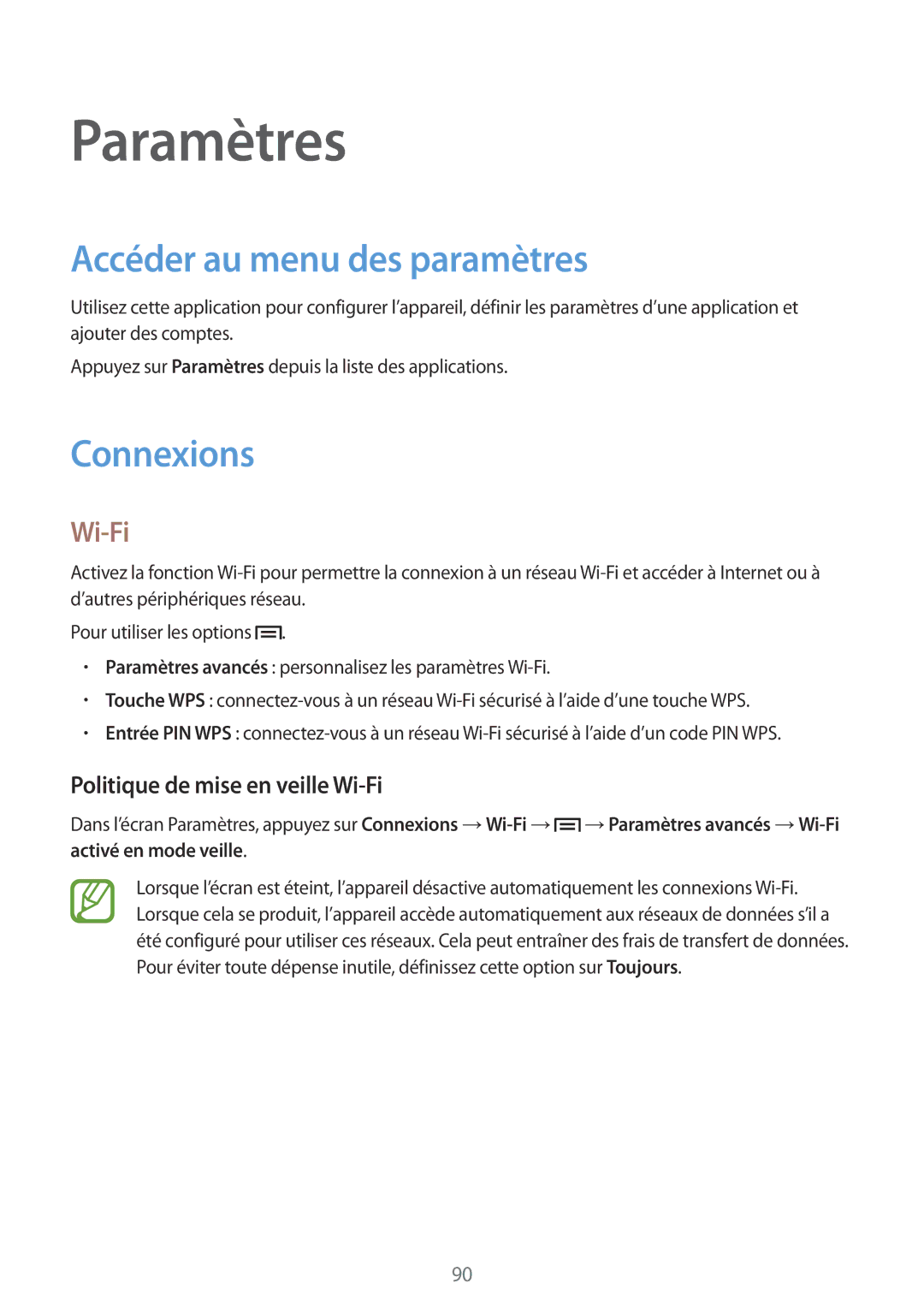 Samsung SM-G3500ZKAVGF manual Paramètres, Accéder au menu des paramètres, Connexions, Politique de mise en veille Wi-Fi 