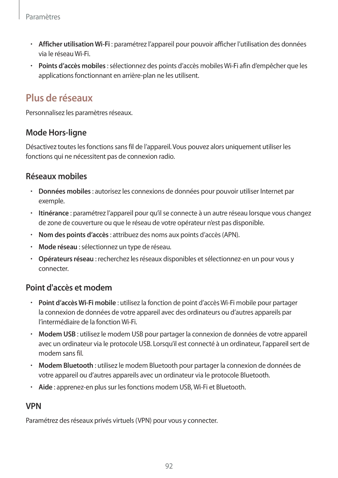 Samsung SM-G3500ZKAFTM, SM-G3500ZWAVGF manual Plus de réseaux, Mode Hors-ligne, Réseaux mobiles, Point daccès et modem 