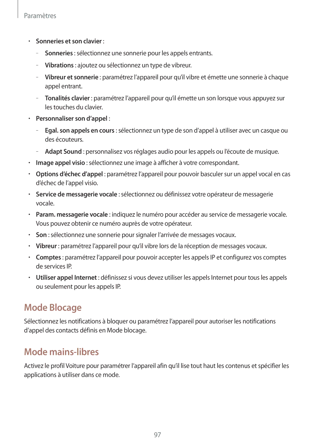 Samsung SM-G3500ZWANRJ manual Mode Blocage, Mode mains-libres, Sonneries et son clavier, Personnaliser son d’appel 