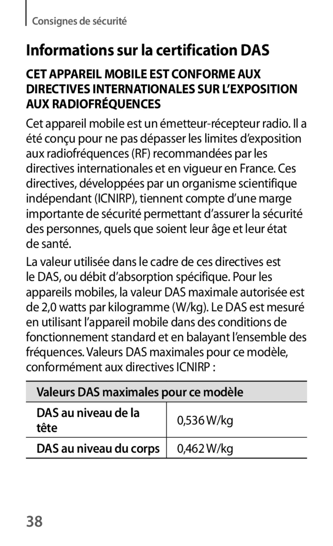 Samsung SM-G3500ZWAXEF manual Informations sur la certification DAS, Valeurs DAS maximales pour ce modèle, 536 W/kg, Tête 