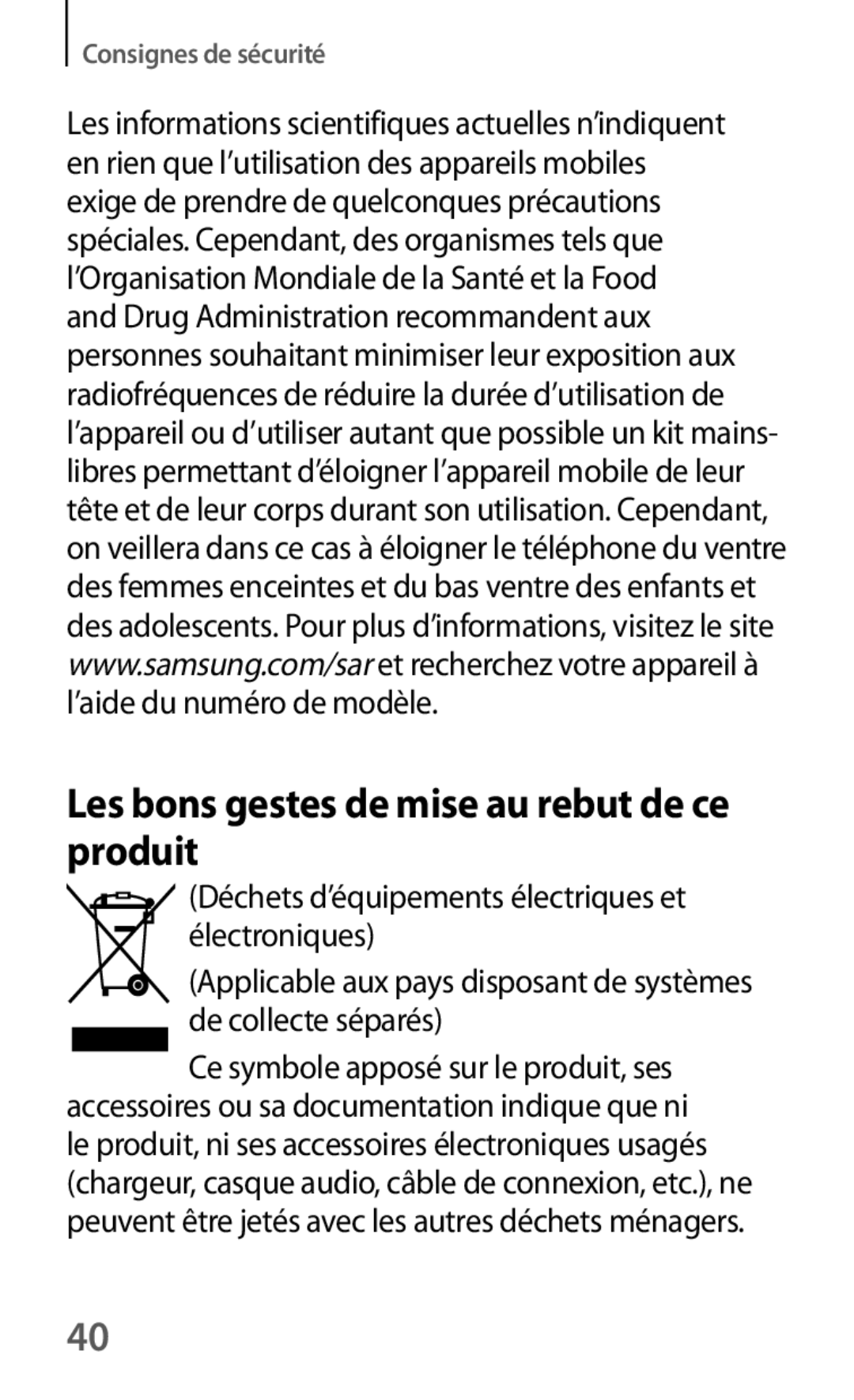 Samsung SM-G3500ZWAVGF, SM-G3500ZWANRJ, SM-G3500ZKAVGF, SM-G3500ZKANRJ manual Les bons gestes de mise au rebut de ce produit 