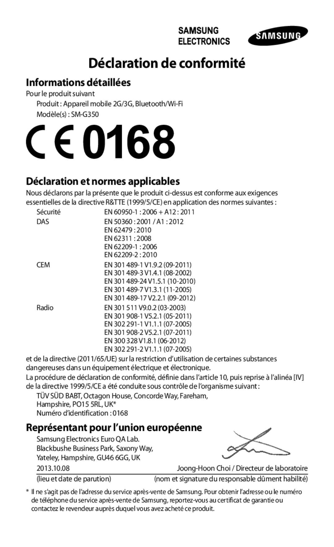 Samsung SM-G3500ZKAXEF, SM-G3500ZWAVGF, SM-G3500ZWANRJ, SM-G3500ZKAVGF, SM-G3500ZKANRJ manual Déclaration de conformité 