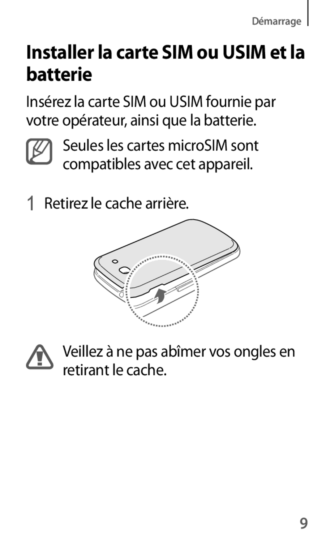 Samsung SM-G3500ZWANRJ, SM-G3500ZWAVGF, SM-G3500ZKAVGF, SM-G3500ZKANRJ manual Installer la carte SIM ou Usim et la batterie 