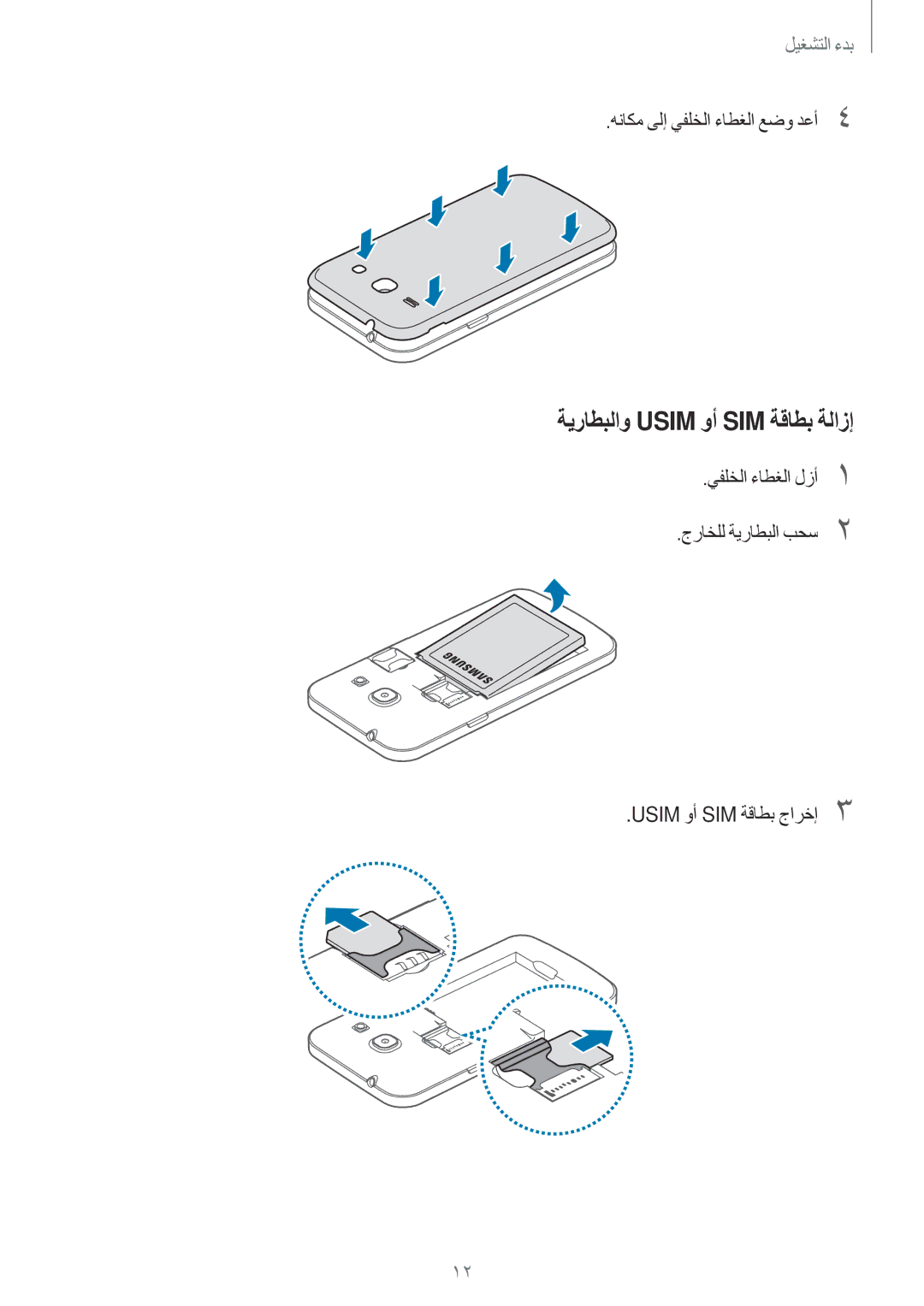 Samsung SM-G350EZWABTC, SM-G350EZKAAFG, SM-G350EZKAMID ةيراطبلاو Usim وأ SIM ةقاطب ةلازإ, هناكم ىلإ يفلخلا ءاطغلا عضو دعأ4 