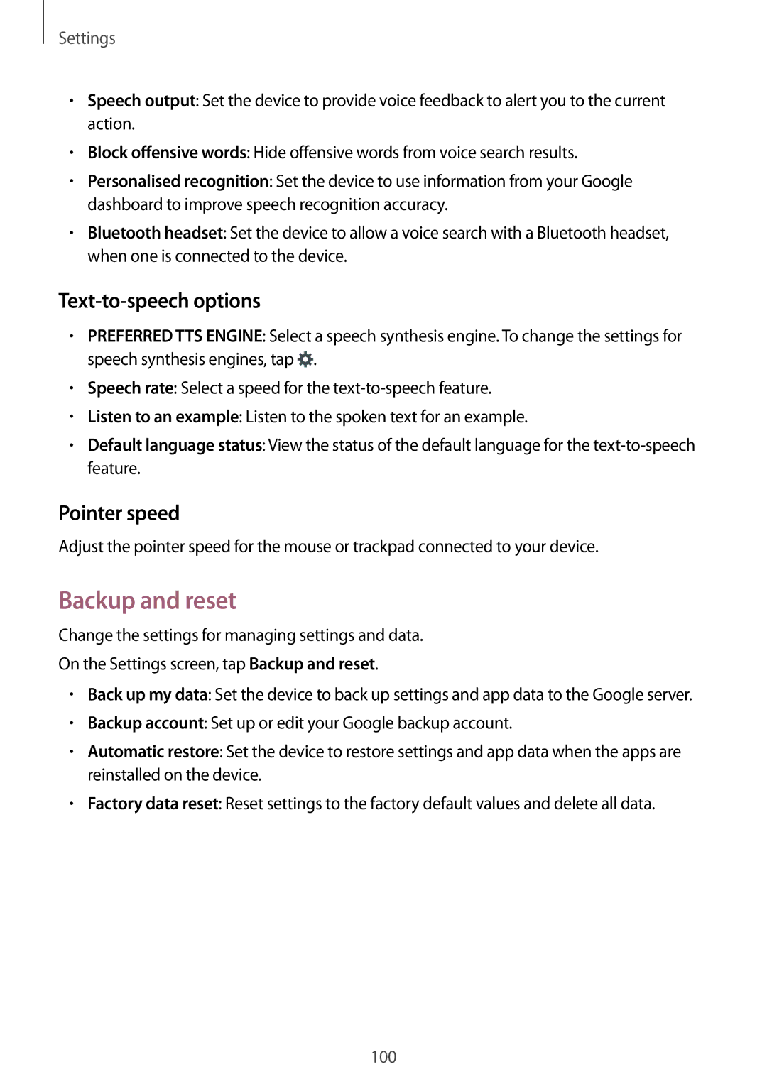 Samsung SM-G350EZWATMC, SM-G350EZKAAFG, SM-G350EZKAMID manual Backup and reset, Text-to-speech options, Pointer speed 
