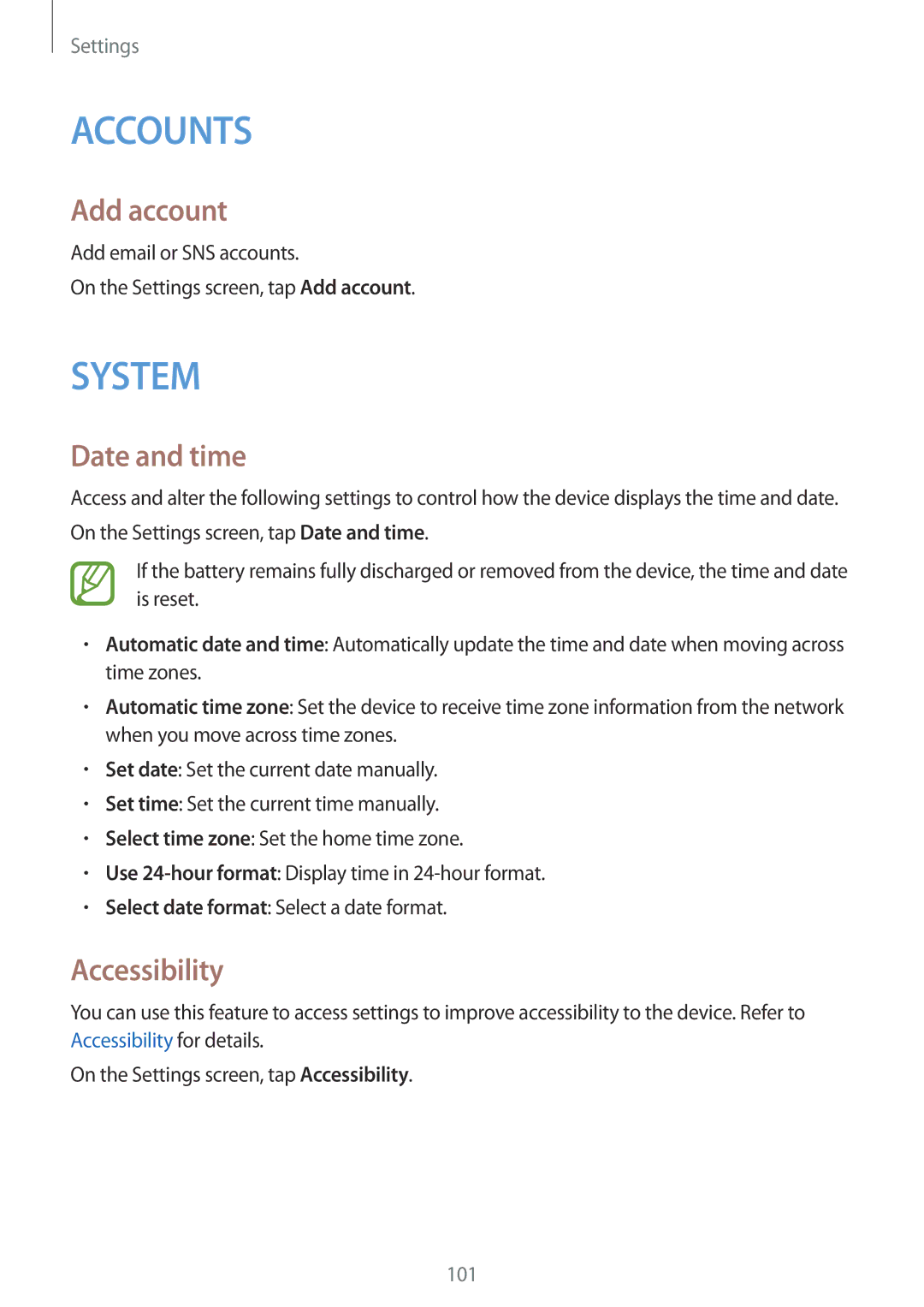 Samsung SM-G350EZKALYS, SM-G350EZKAAFG, SM-G350EZKAMID, SM-G350EZWACAC manual Add account, Date and time, Accessibility 