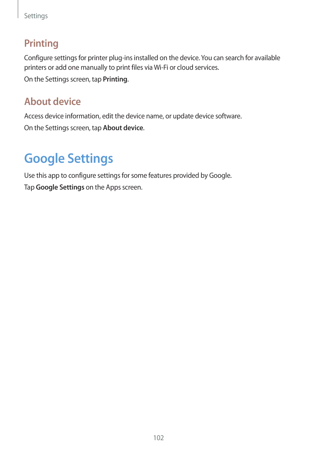 Samsung SM-G350EZKAKSA, SM-G350EZKAAFG, SM-G350EZKAMID, SM-G350EZWACAC manual Google Settings, Printing, About device 