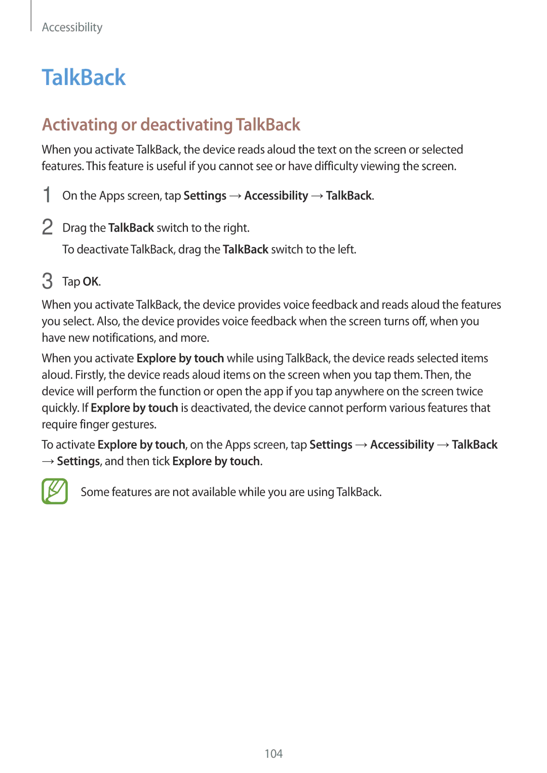 Samsung SM-G350EZKATUN Activating or deactivating TalkBack, On the Apps screen, tap Settings →Accessibility →TalkBack 