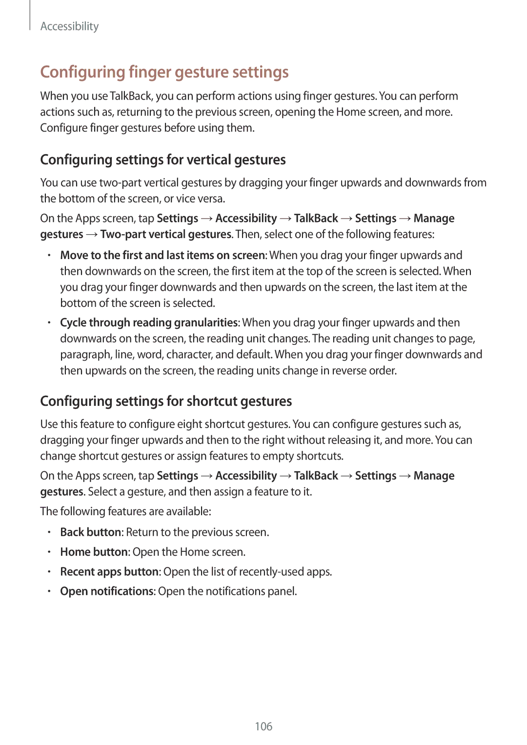 Samsung SM-G350EZKAPAK, SM-G350EZKAAFG Configuring finger gesture settings, Configuring settings for vertical gestures 