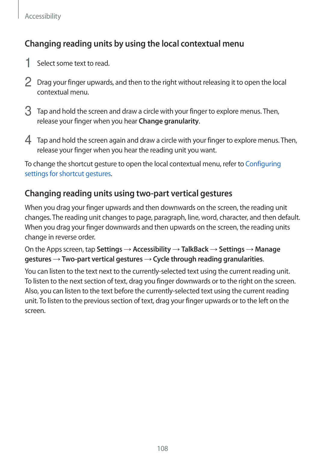 Samsung SM-G350EZWABTC, SM-G350EZKAAFG, SM-G350EZKAMID manual Changing reading units by using the local contextual menu 