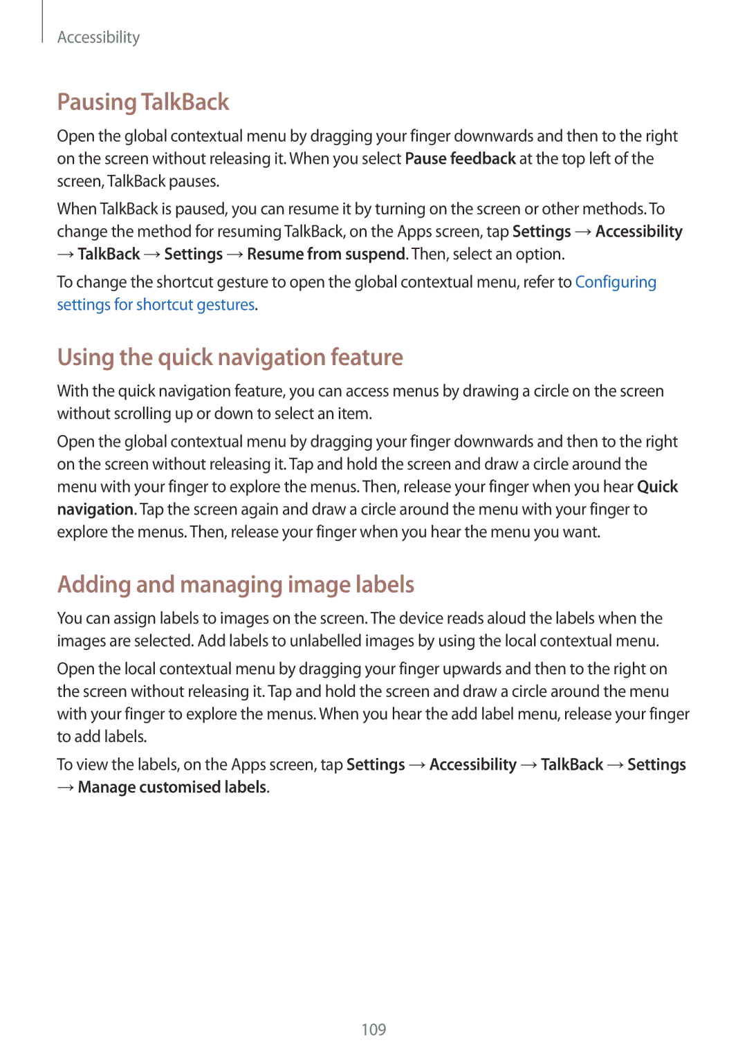 Samsung SM-G350EZWAEGY manual Pausing TalkBack, Using the quick navigation feature, Adding and managing image labels 