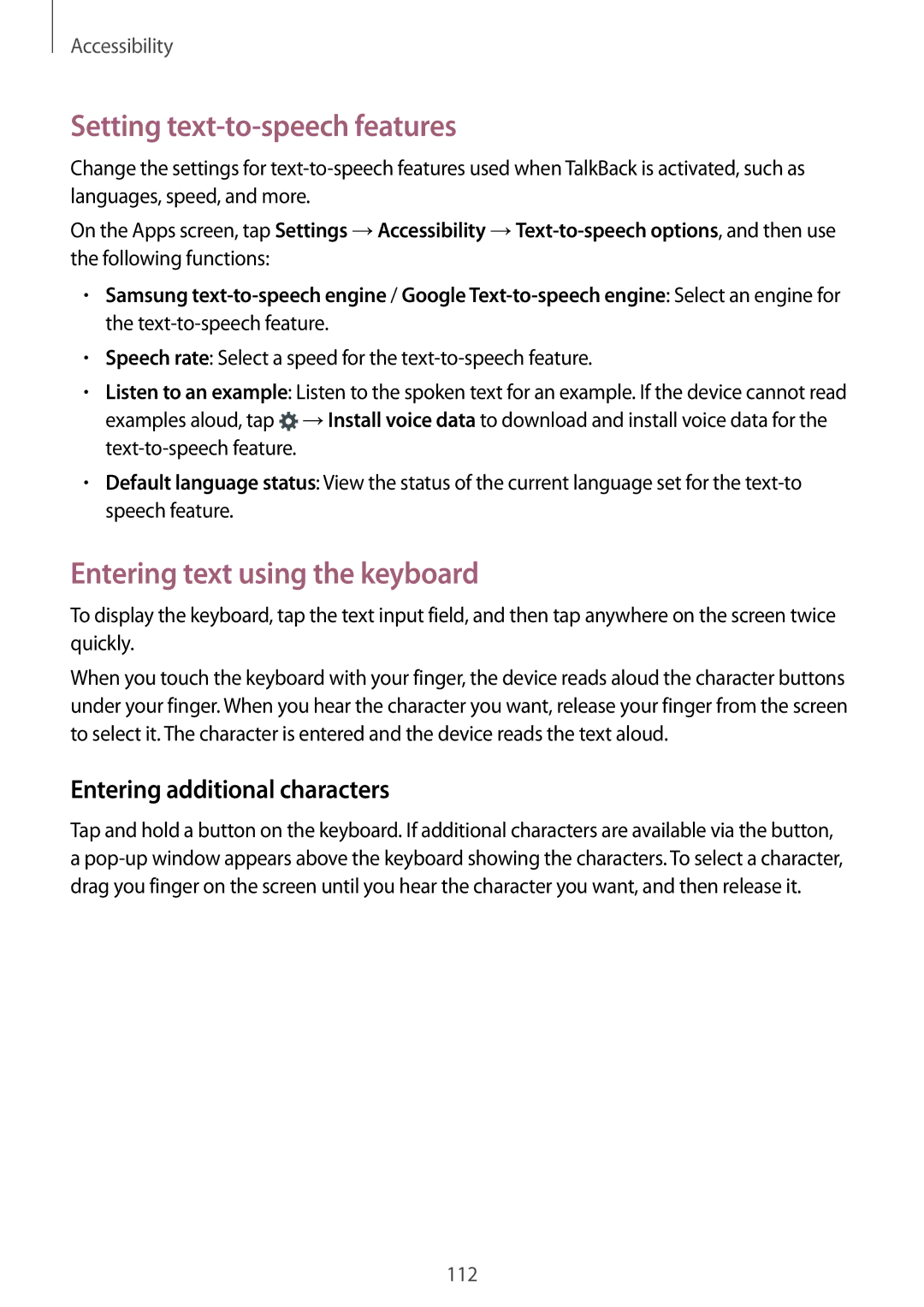 Samsung SM-G350EZWAAFG Setting text-to-speech features, Entering text using the keyboard, Entering additional characters 