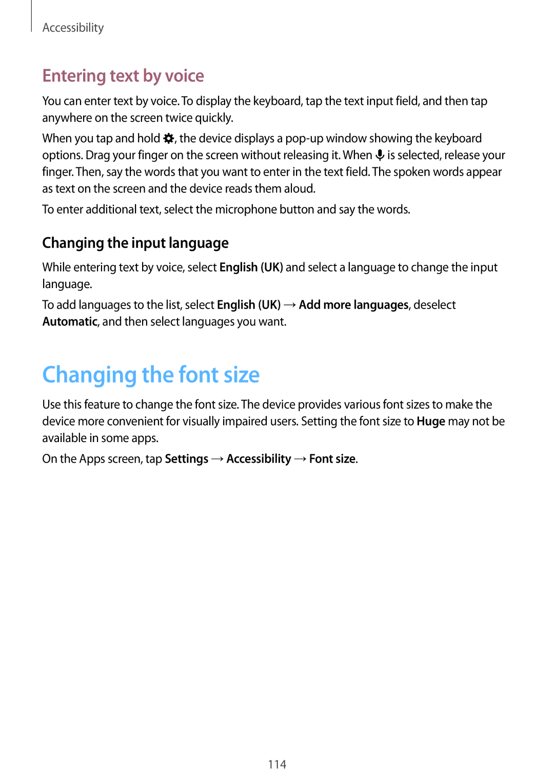 Samsung SM-G350EZKABTC, SM-G350EZKAAFG manual Changing the font size, Entering text by voice, Changing the input language 