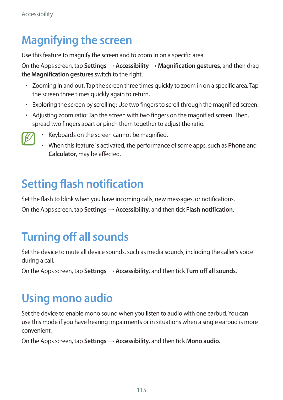 Samsung SM-G350EZKAEGY manual Magnifying the screen, Setting flash notification, Turning off all sounds, Using mono audio 