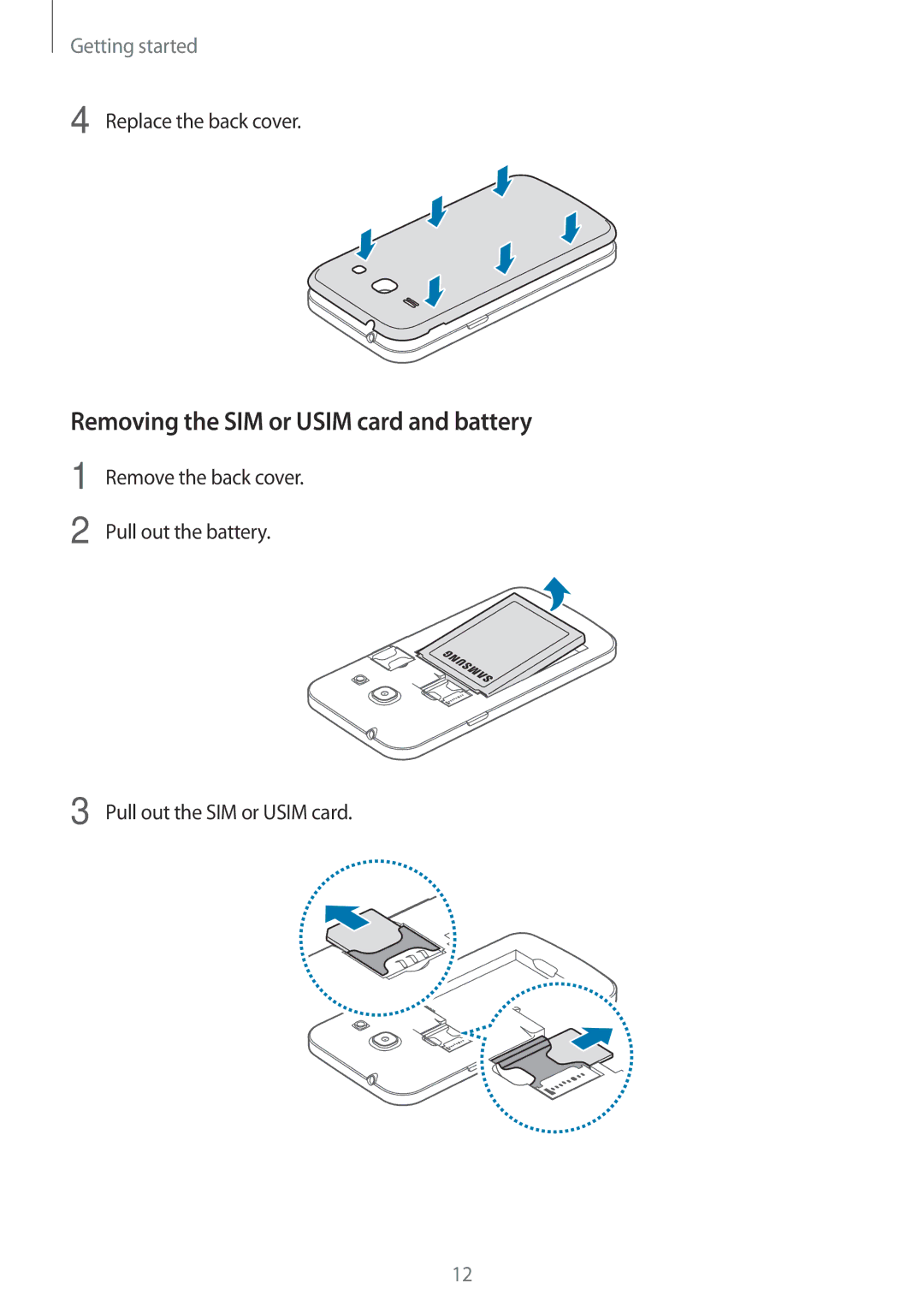 Samsung SM-G350EZWABTC, SM-G350EZKAAFG, SM-G350EZKAMID, SM-G350EZWACAC manual Removing the SIM or Usim card and battery 