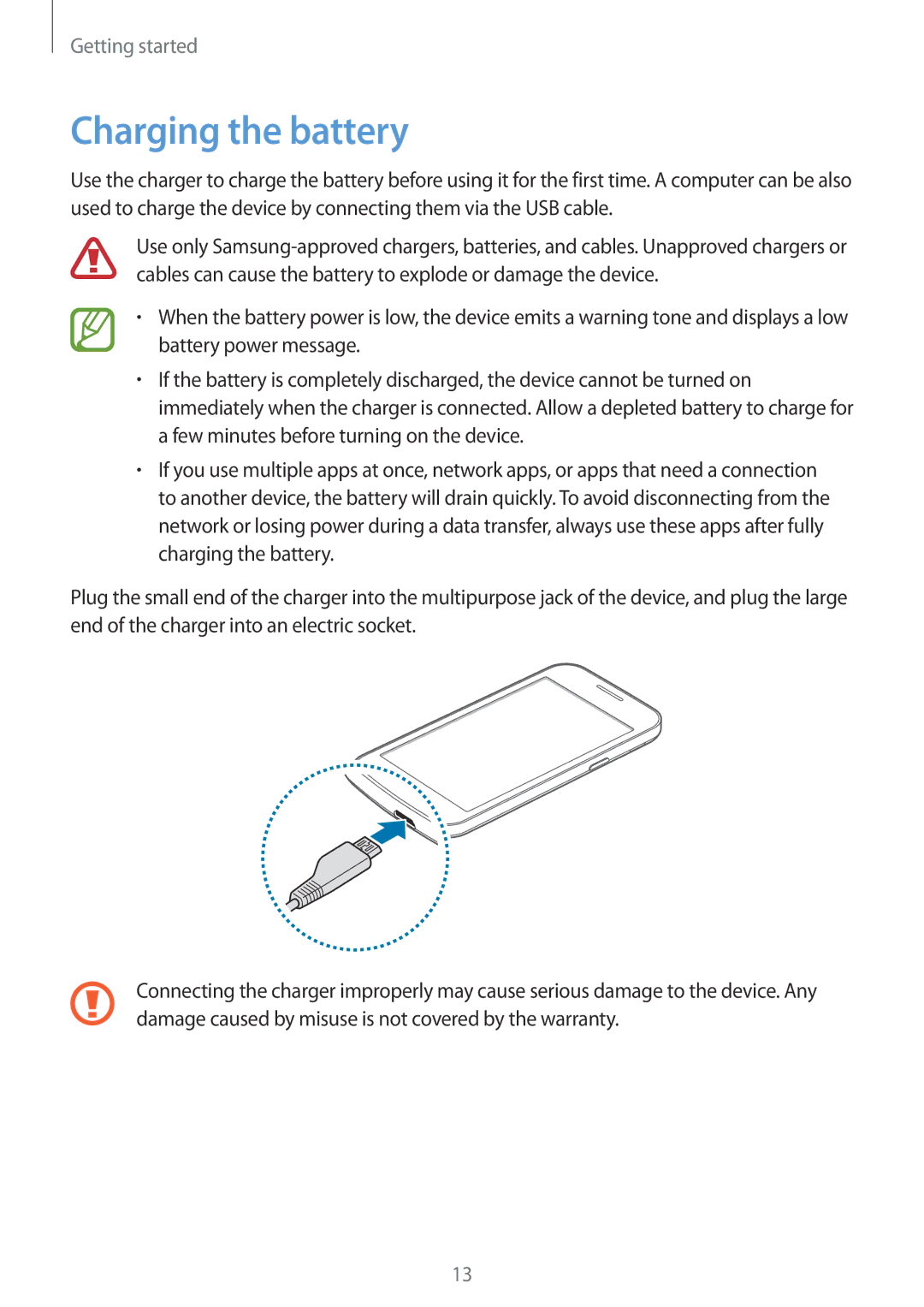 Samsung SM-G350EZWAEGY, SM-G350EZKAAFG, SM-G350EZKAMID, SM-G350EZWACAC, SM-G350EZWATHR, SM-G350EZWATMC Charging the battery 