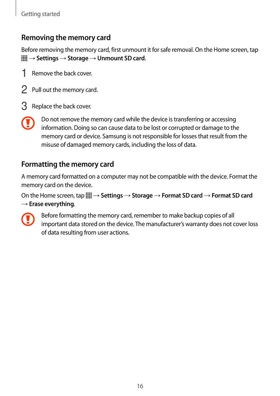 Samsung SM-G350EZWAAFG manual Removing the memory card, Formatting the memory card, →Settings →Storage →Unmount SD card 