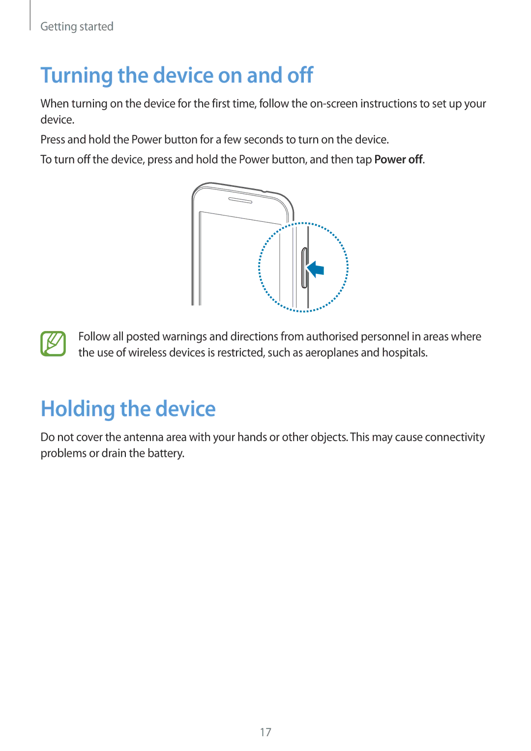 Samsung SM-G350EZKATMC, SM-G350EZKAAFG, SM-G350EZKAMID, SM-G350EZWACAC Turning the device on and off, Holding the device 