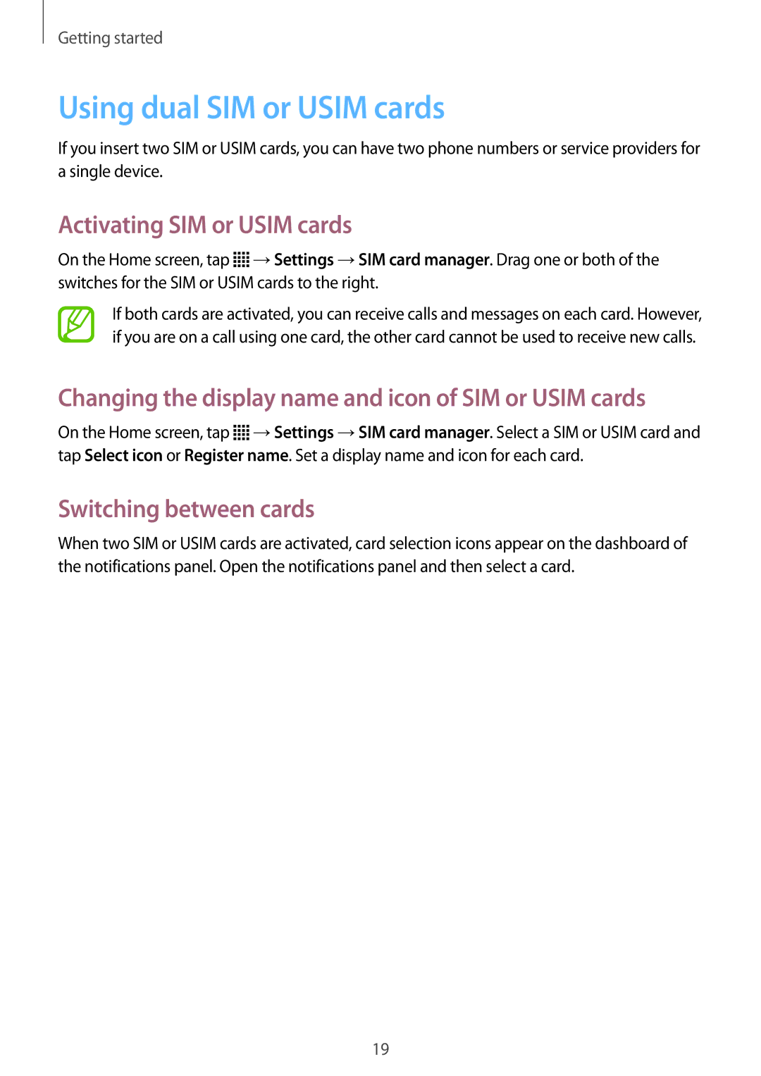 Samsung SM-G350EZKAEGY, SM-G350EZKAAFG Using dual SIM or Usim cards, Activating SIM or Usim cards, Switching between cards 