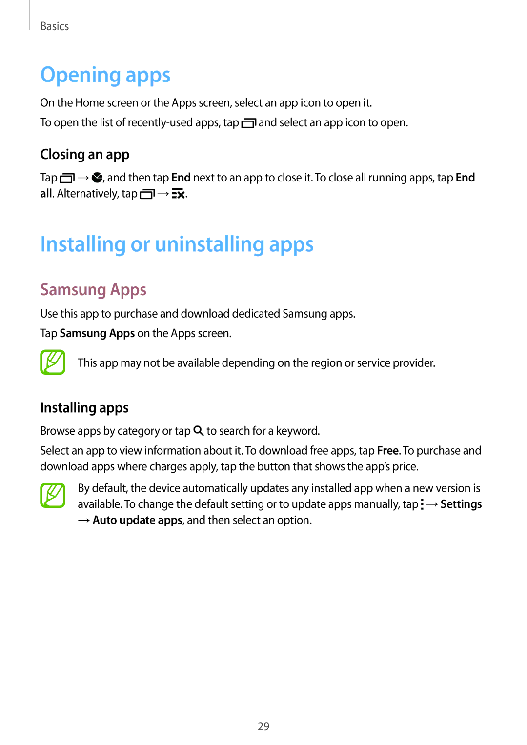 Samsung SM-G350EZKALYS manual Opening apps, Installing or uninstalling apps, Samsung Apps, Closing an app, Installing apps 