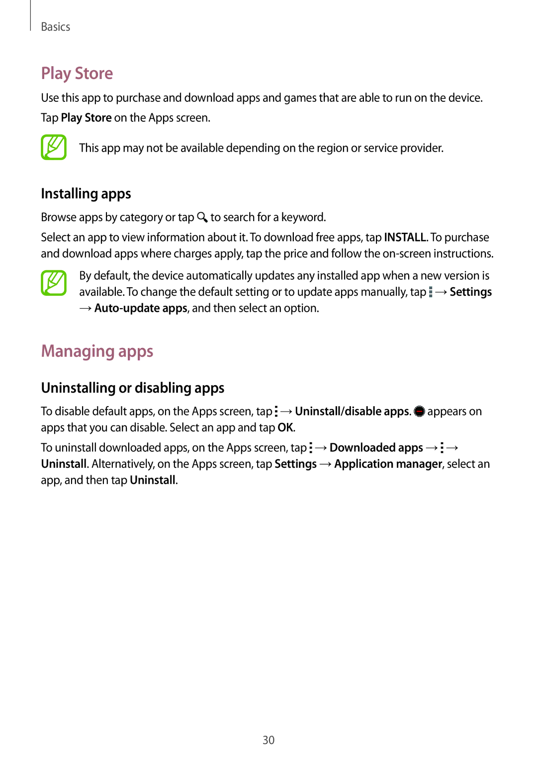 Samsung SM-G350EZKAKSA, SM-G350EZKAAFG, SM-G350EZKAMID manual Play Store, Managing apps, Uninstalling or disabling apps 
