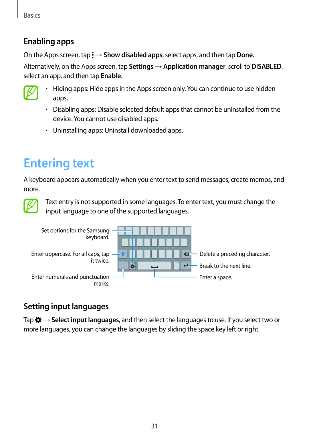 Samsung SM-G350EZKAAFR, SM-G350EZKAAFG, SM-G350EZKAMID, SM-G350EZWACAC Entering text, Enabling apps, Setting input languages 