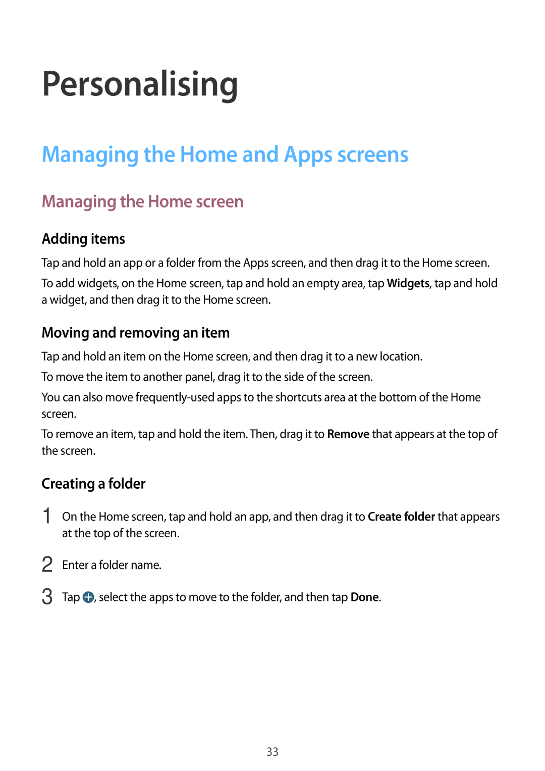 Samsung SM-G350EZWAMID, SM-G350EZKAAFG manual Personalising, Managing the Home and Apps screens, Managing the Home screen 