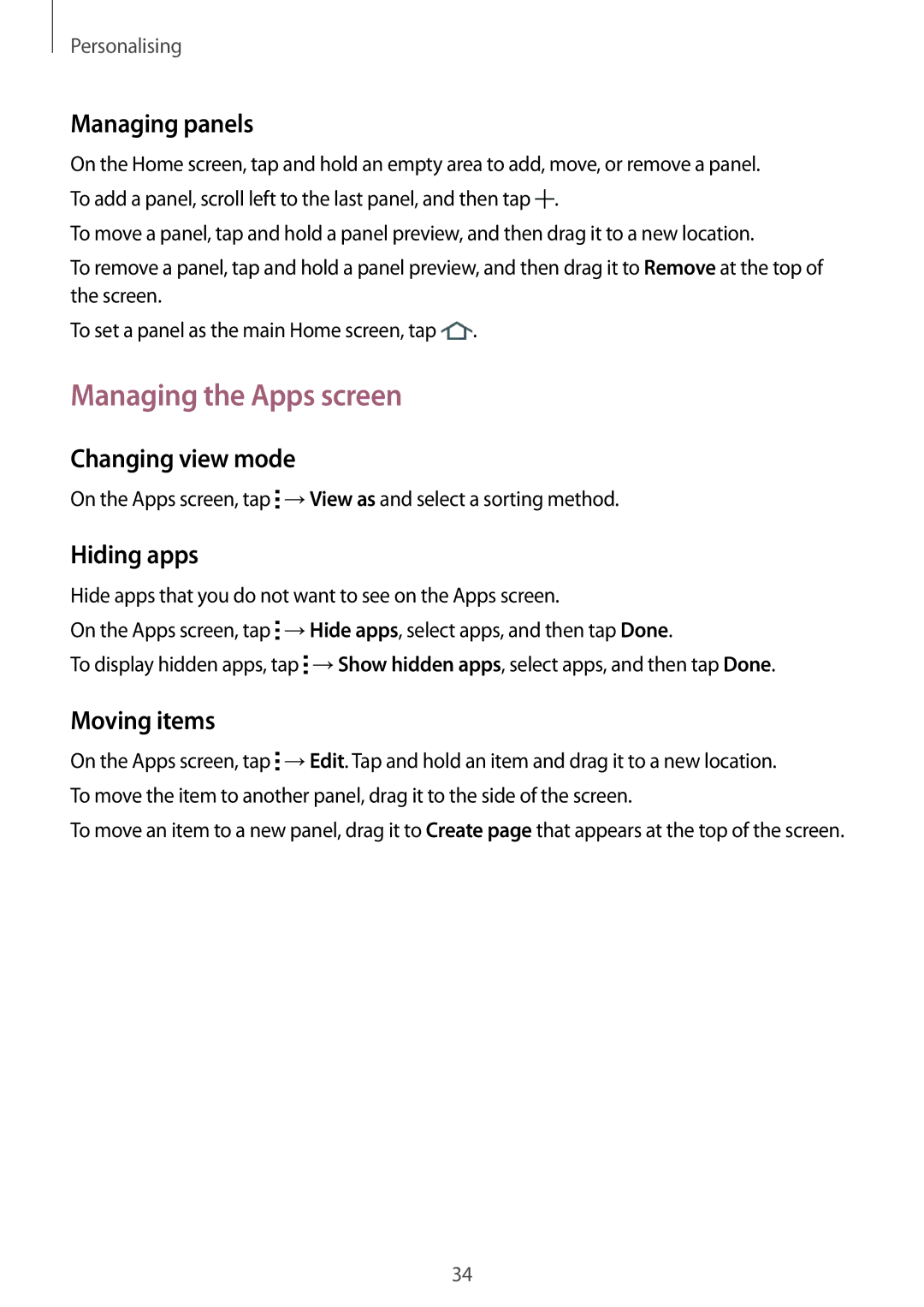 Samsung SM-G350EZKAPAK manual Managing the Apps screen, Managing panels, Changing view mode, Hiding apps, Moving items 