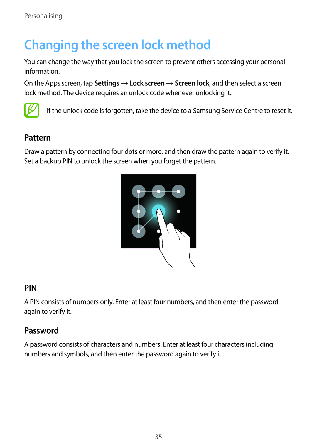 Samsung SM-G350EZWAAFR, SM-G350EZKAAFG, SM-G350EZKAMID, SM-G350EZWACAC Changing the screen lock method, Pattern, Password 