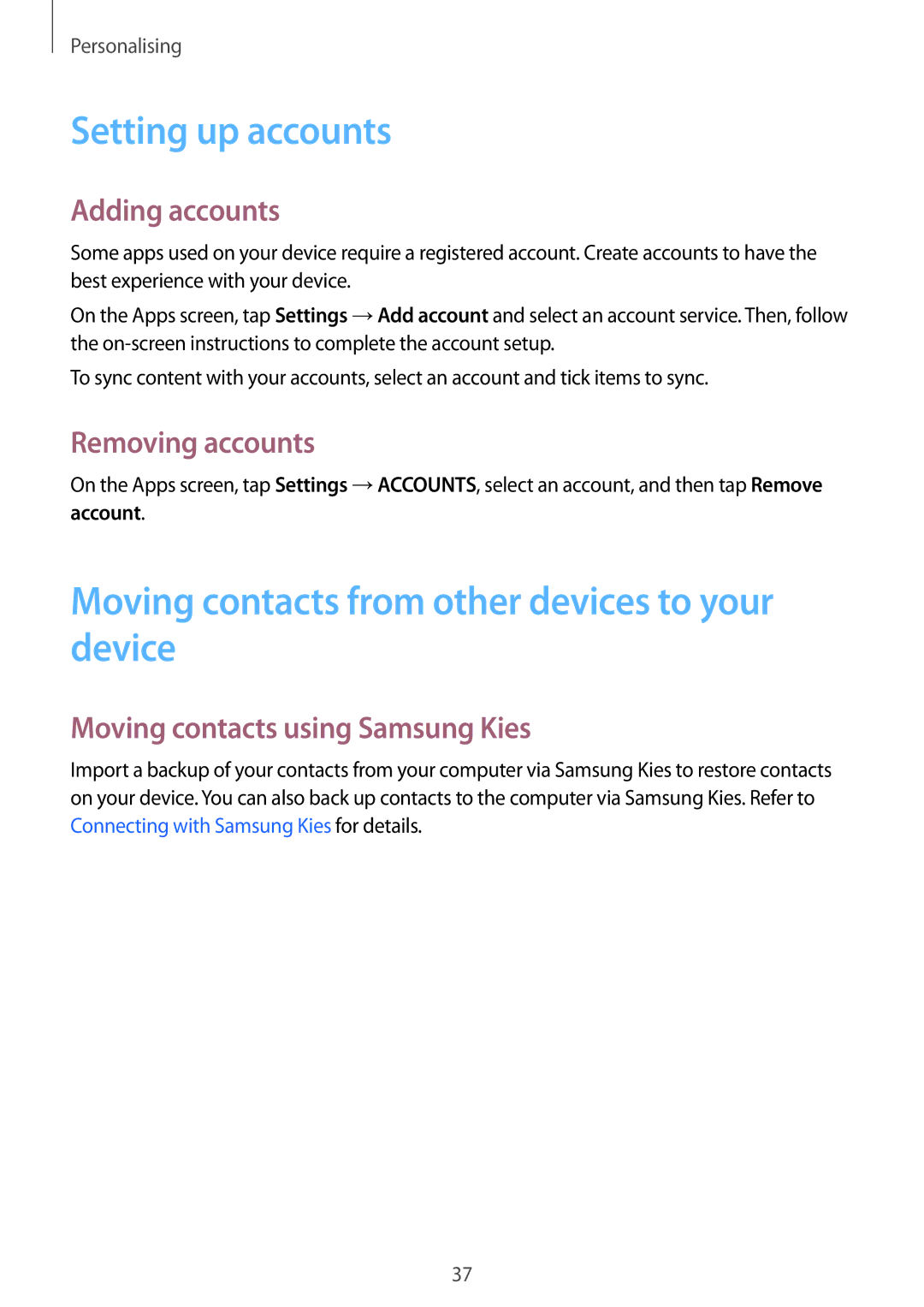 Samsung SM-G350EZWAEGY manual Setting up accounts, Moving contacts from other devices to your device, Adding accounts 