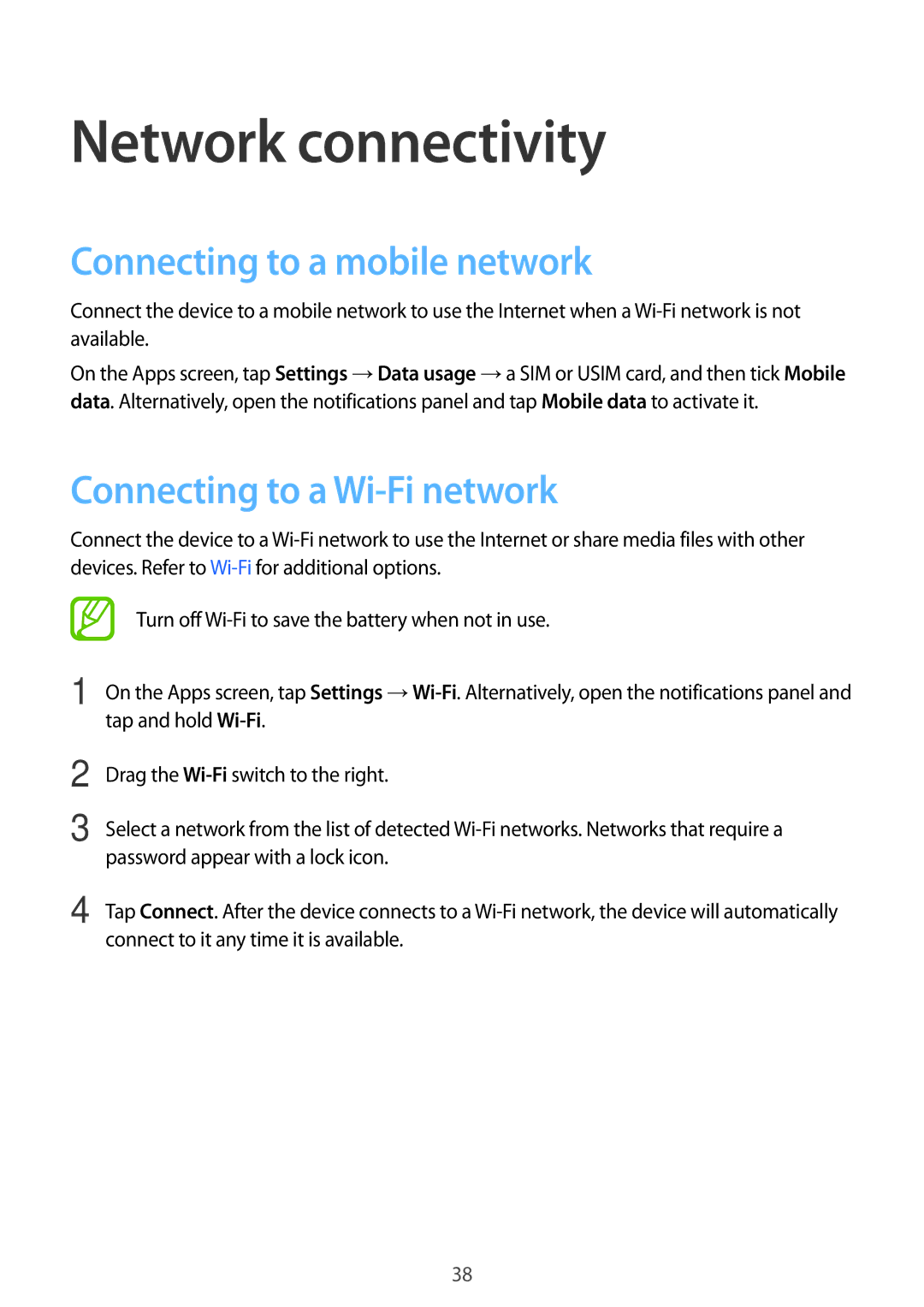 Samsung SM-G350EZWAKSA, SM-G350EZKAAFG Network connectivity, Connecting to a mobile network, Connecting to a Wi-Fi network 