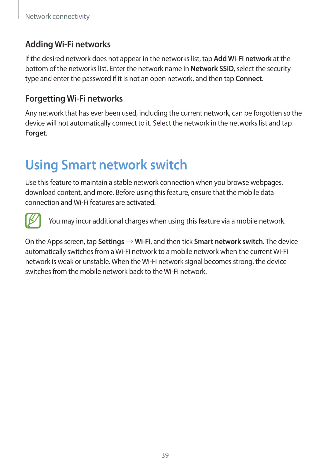 Samsung SM-G350EZWALYS, SM-G350EZKAAFG manual Using Smart network switch, Adding Wi-Fi networks, Forgetting Wi-Fi networks 