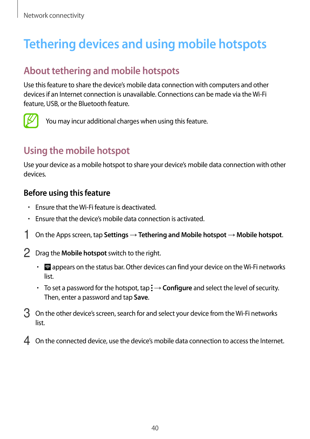 Samsung SM-G350EZWAAFG, SM-G350EZKAAFG Tethering devices and using mobile hotspots, About tethering and mobile hotspots 