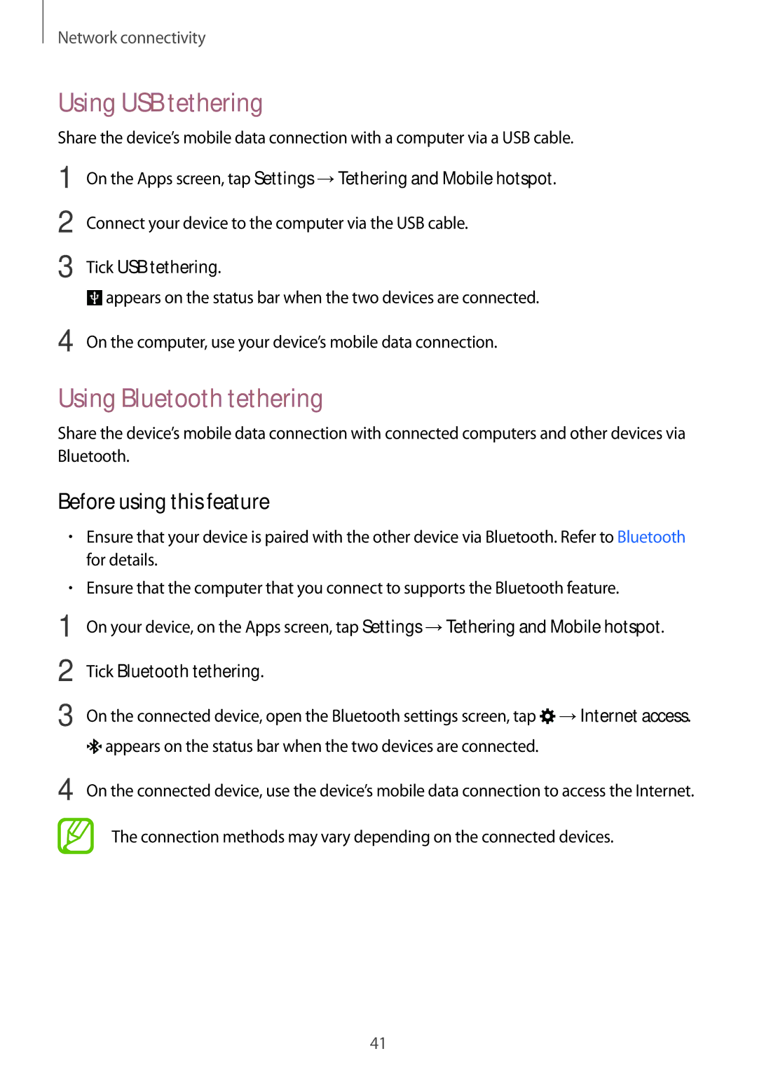 Samsung SM-G350EZKATMC manual Using USB tethering, Using Bluetooth tethering, Tick USB tethering, Tick Bluetooth tethering 