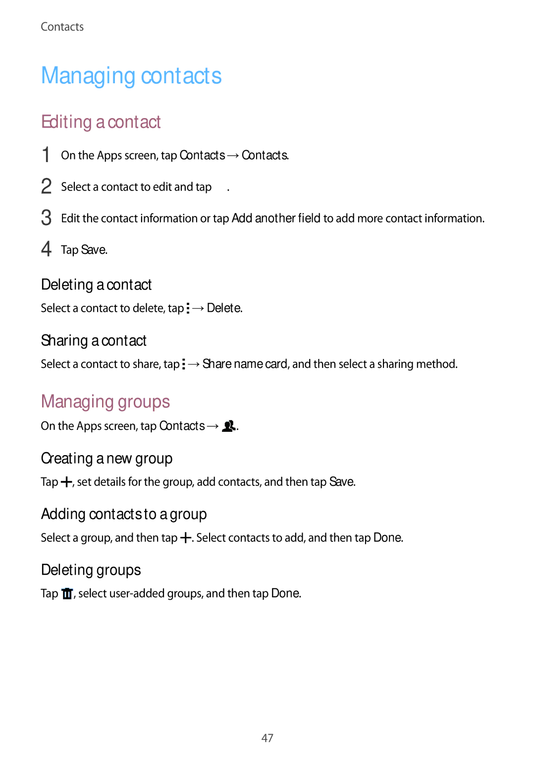 Samsung SM-G350EZWATUN, SM-G350EZKAAFG, SM-G350EZKAMID, SM-G350EZWACAC Managing contacts, Editing a contact, Managing groups 