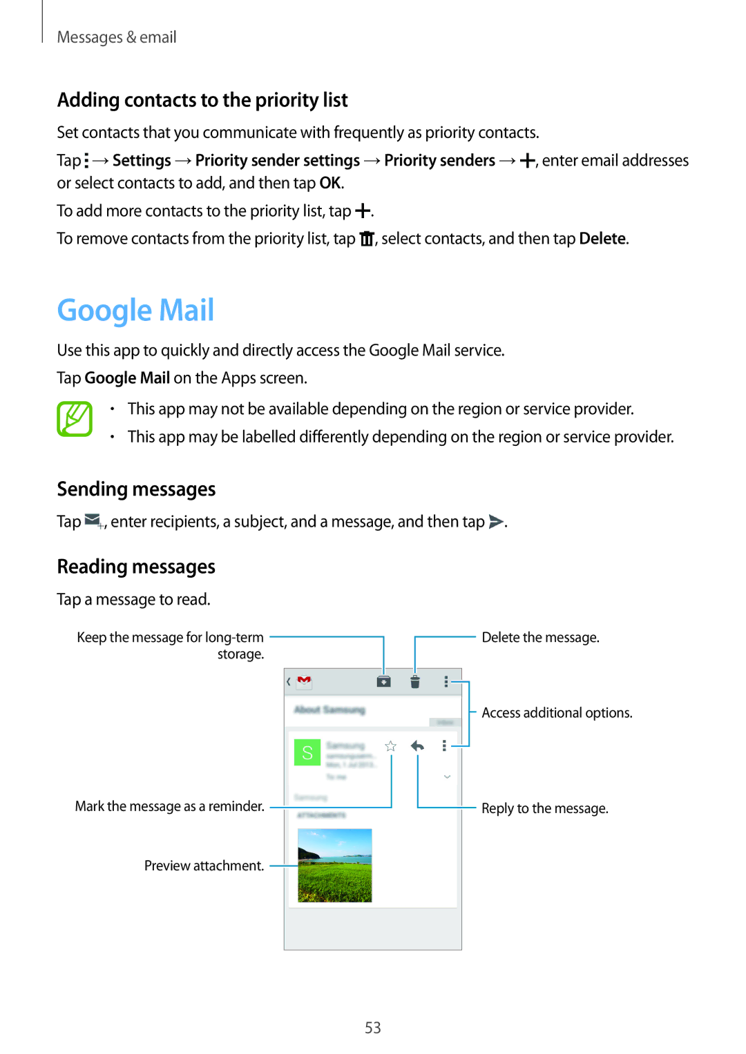 Samsung SM-G350EZKALYS manual Google Mail, Adding contacts to the priority list, Sending messages, Reading messages 