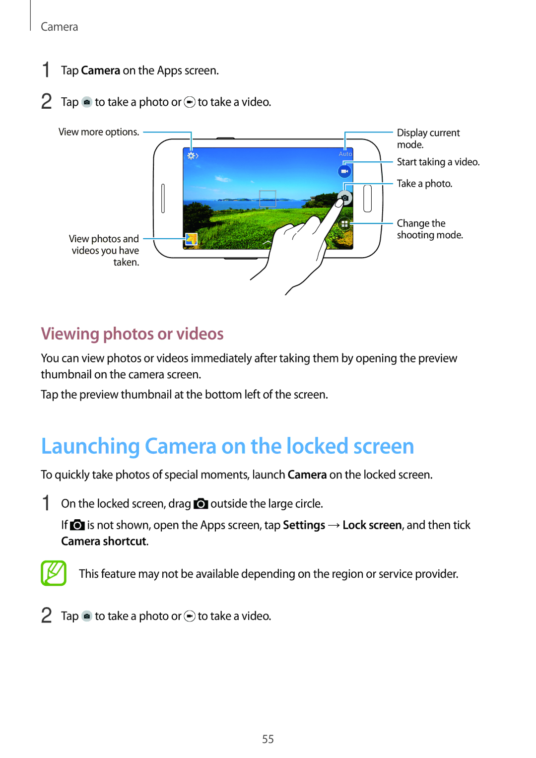 Samsung SM-G350EZKAAFR, SM-G350EZKAAFG, SM-G350EZKAMID manual Launching Camera on the locked screen, Viewing photos or videos 