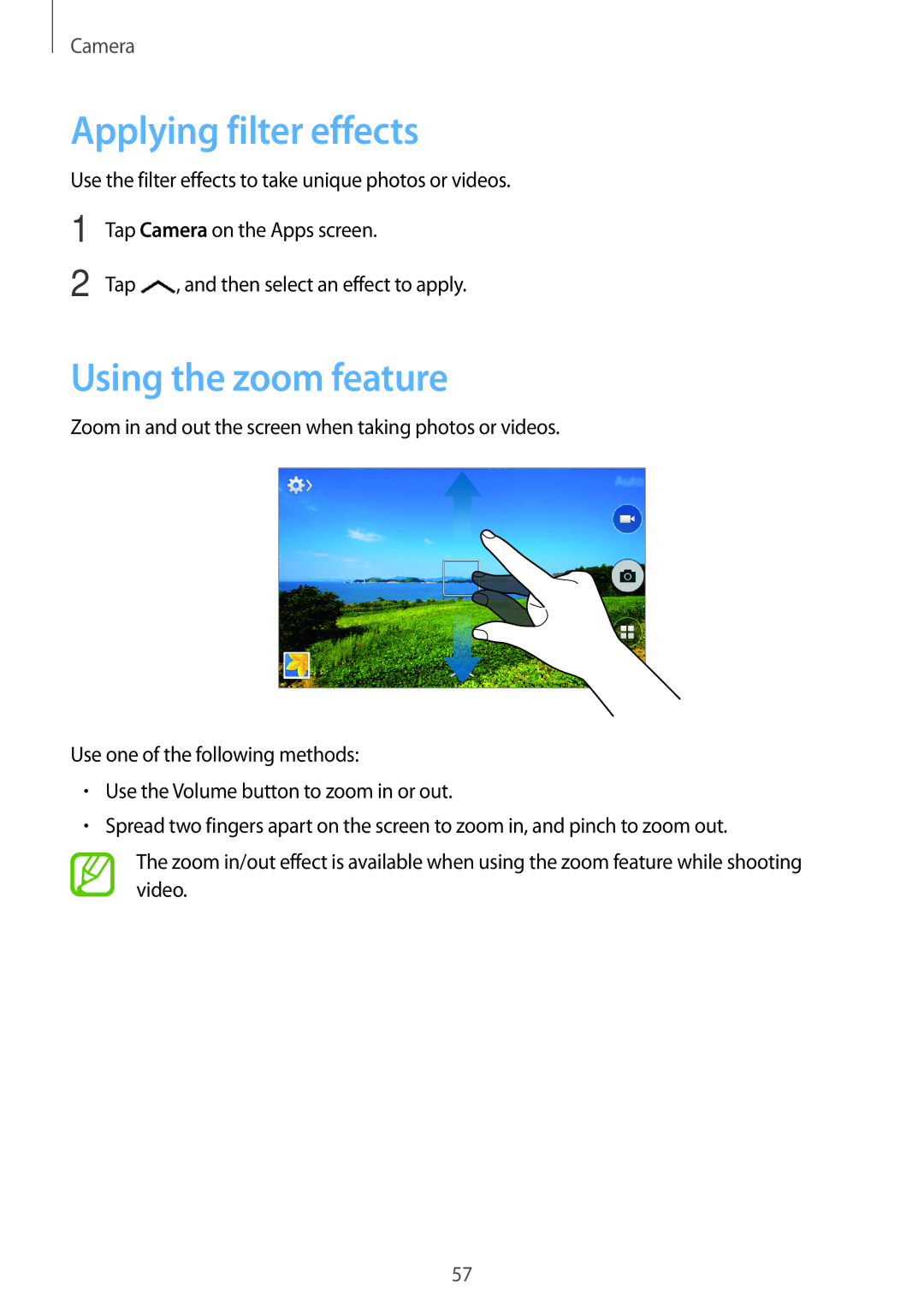 Samsung SM-G350EZWAMID, SM-G350EZKAAFG, SM-G350EZKAMID, SM-G350EZWACAC manual Applying filter effects, Using the zoom feature 