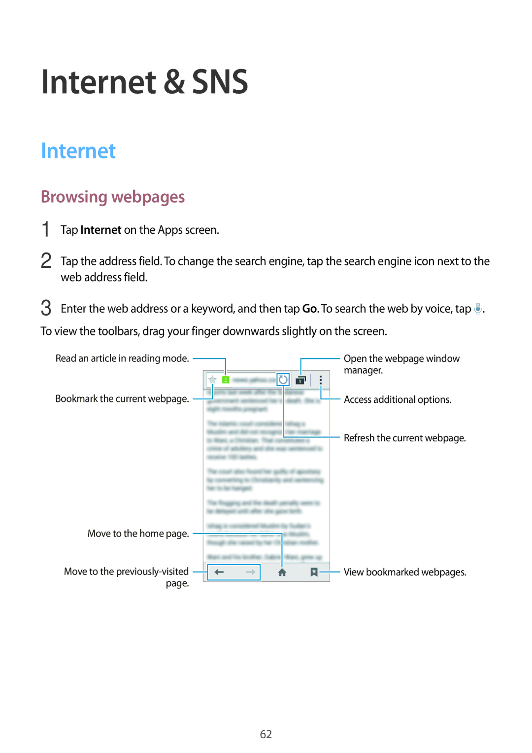 Samsung SM-G350EZWAKSA, SM-G350EZKAAFG, SM-G350EZKAMID, SM-G350EZWACAC, SM-G350EZWATHR manual Internet & SNS, Browsing webpages 