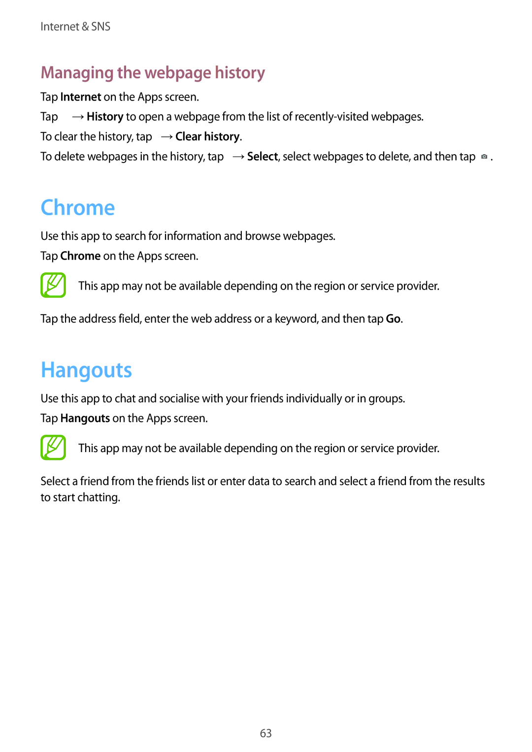 Samsung SM-G350EZWALYS, SM-G350EZKAAFG, SM-G350EZKAMID, SM-G350EZWACAC manual Chrome, Hangouts, Managing the webpage history 