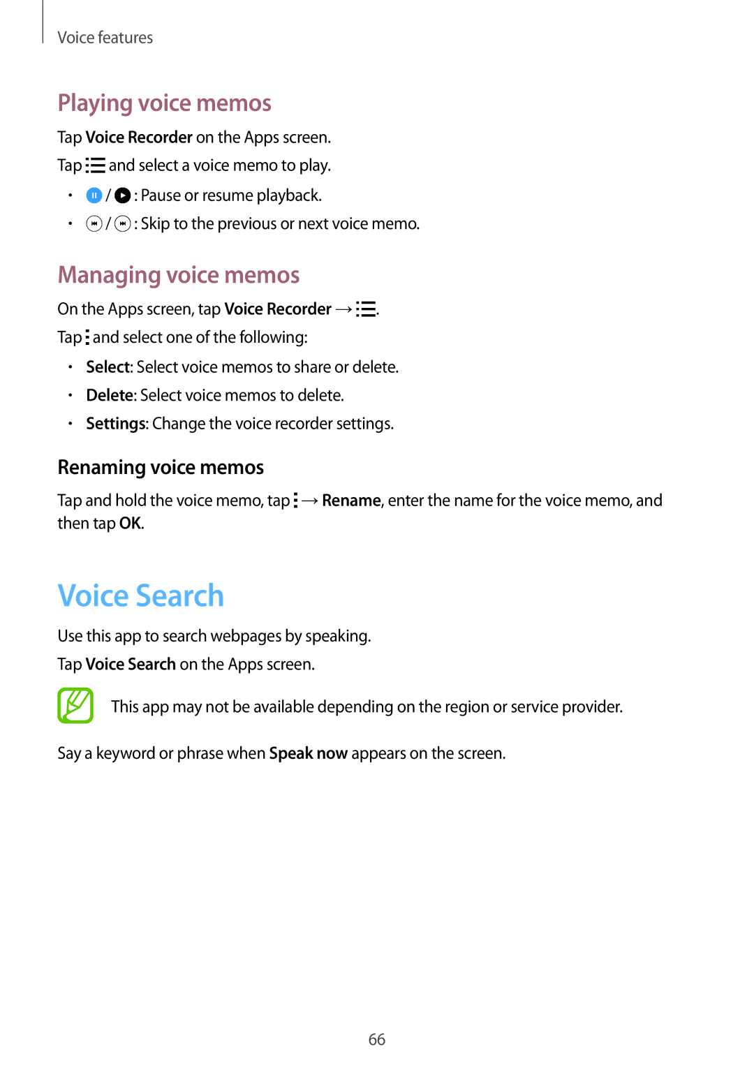 Samsung SM-G350EZKABTC, SM-G350EZKAAFG manual Voice Search, Playing voice memos, Managing voice memos, Renaming voice memos 