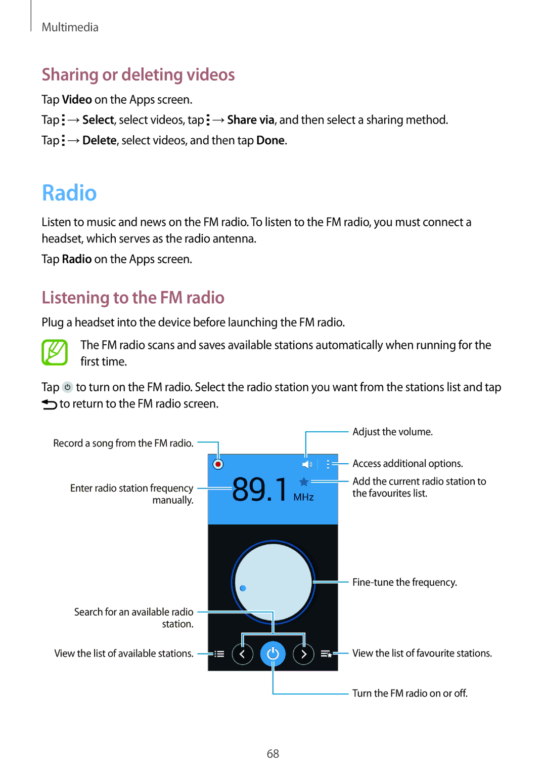 Samsung SM-G350EZWAPAK, SM-G350EZKAAFG, SM-G350EZKAMID manual Radio, Sharing or deleting videos, Listening to the FM radio 