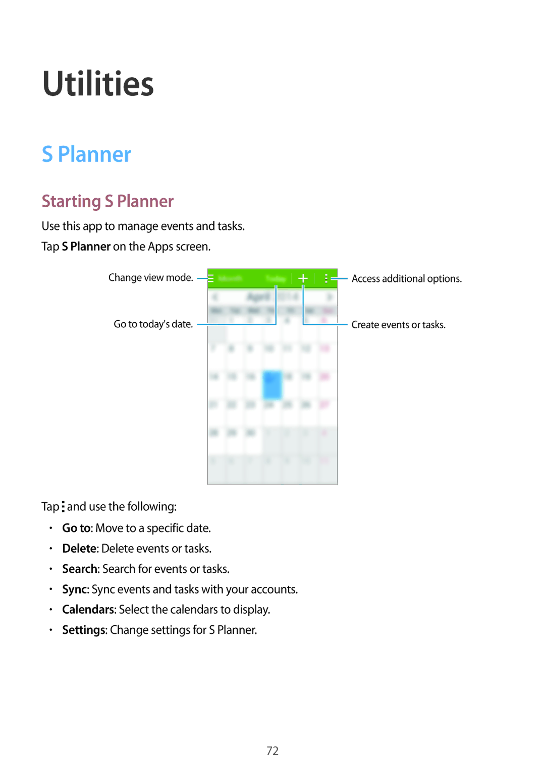 Samsung SM-G350EZKAAFG, SM-G350EZKAMID, SM-G350EZWACAC, SM-G350EZWATHR, SM-G350EZWATMC manual Utilities, Starting S Planner 