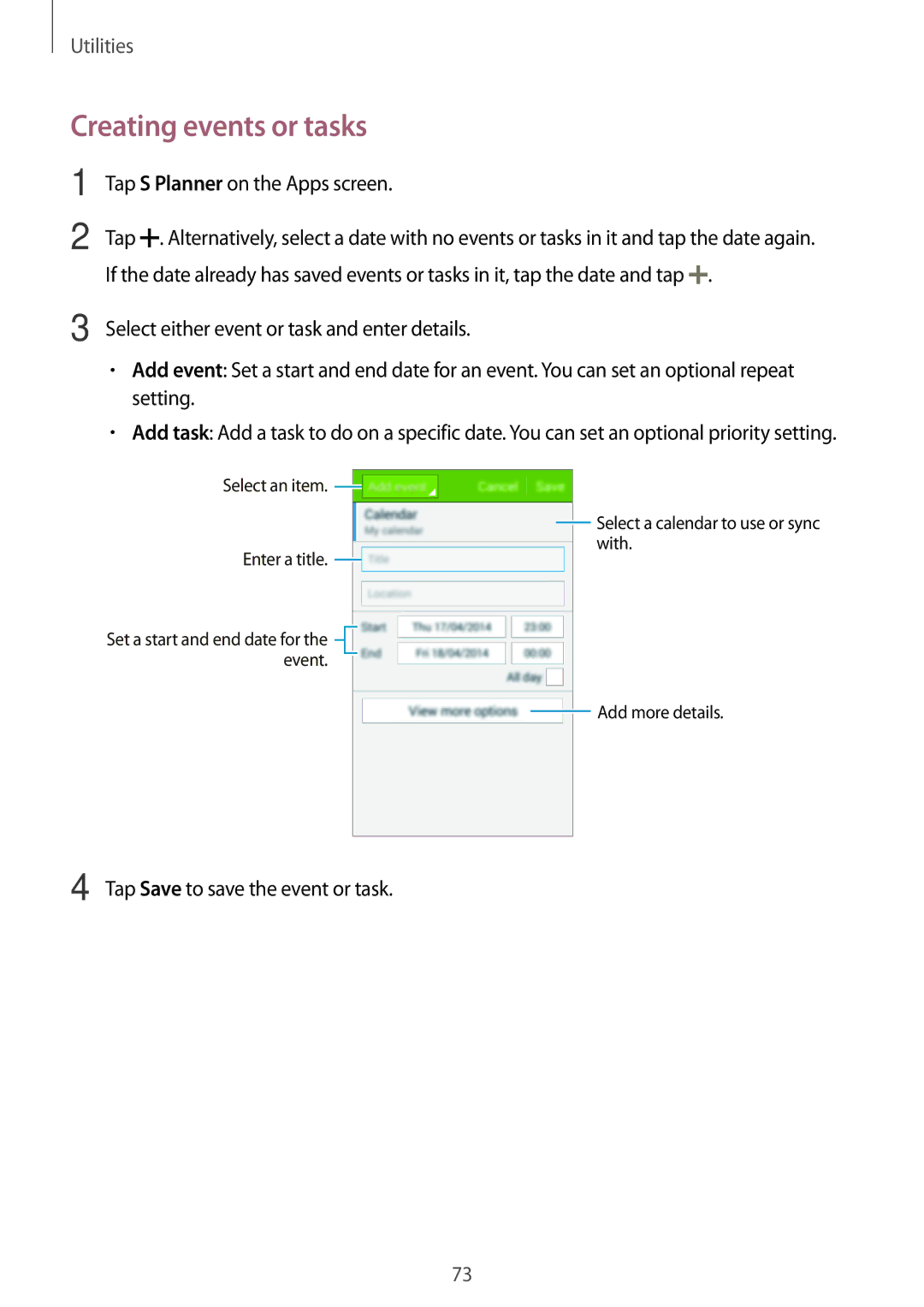 Samsung SM-G350EZKAMID, SM-G350EZKAAFG, SM-G350EZWACAC manual Creating events or tasks, Tap S Planner on the Apps screen 