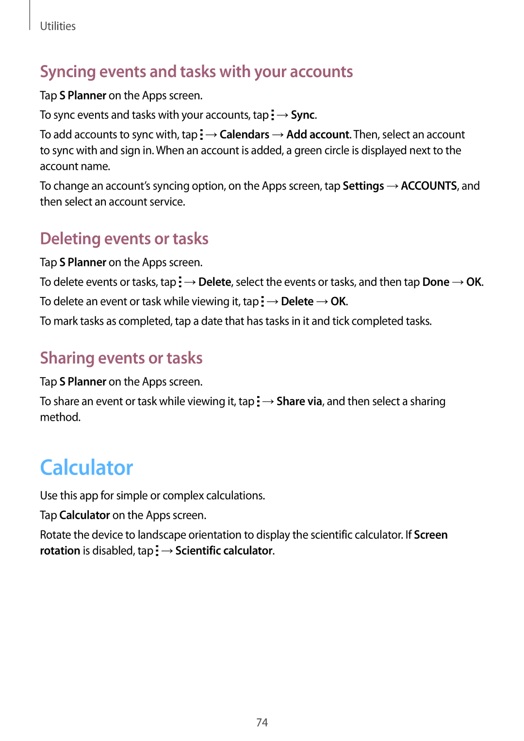 Samsung SM-G350EZWACAC, SM-G350EZKAAFG Calculator, Syncing events and tasks with your accounts, Deleting events or tasks 