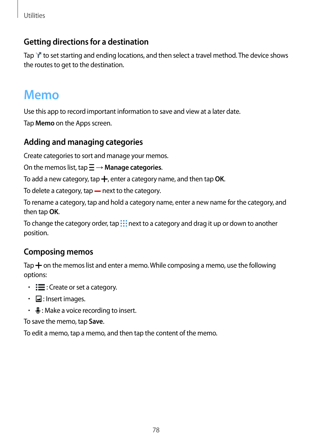 Samsung SM-G350EZKAKSA manual Memo, Getting directions for a destination, Adding and managing categories, Composing memos 