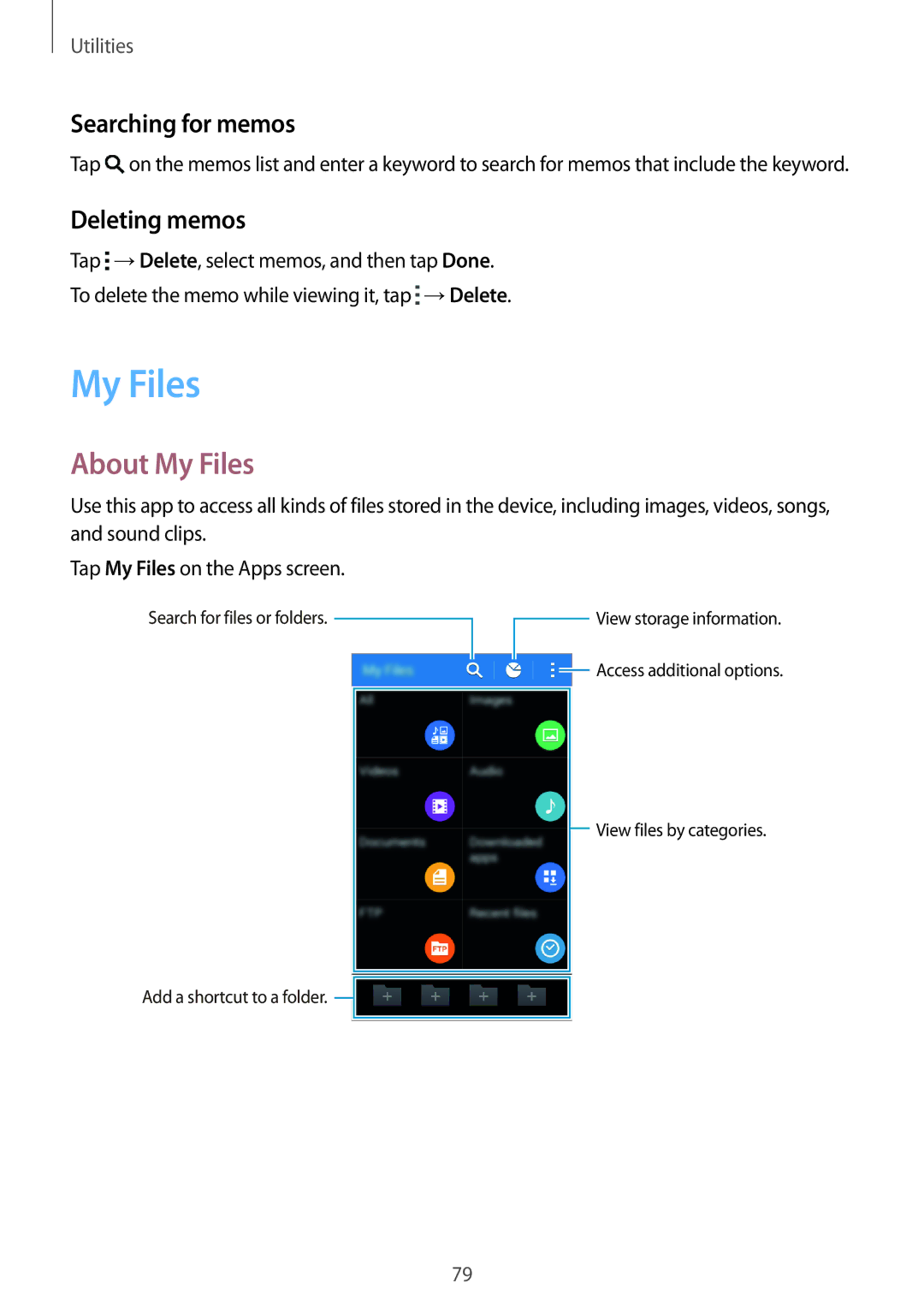 Samsung SM-G350EZKAAFR, SM-G350EZKAAFG, SM-G350EZKAMID manual About My Files, Searching for memos, Deleting memos 