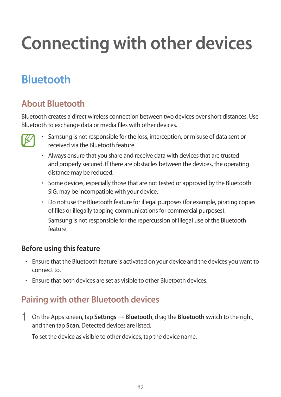 Samsung SM-G350EZKAPAK, SM-G350EZKAAFG, SM-G350EZKAMID manual About Bluetooth, Pairing with other Bluetooth devices 