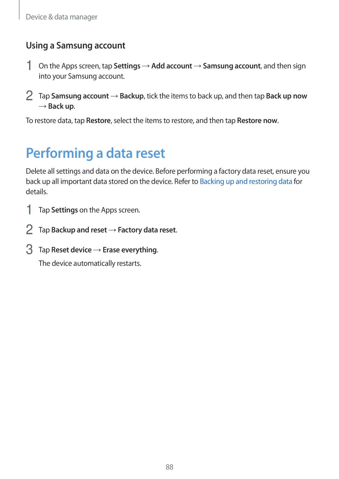 Samsung SM-G350EZWAAFG, SM-G350EZKAAFG, SM-G350EZKAMID manual Performing a data reset, Using a Samsung account, →Back up 