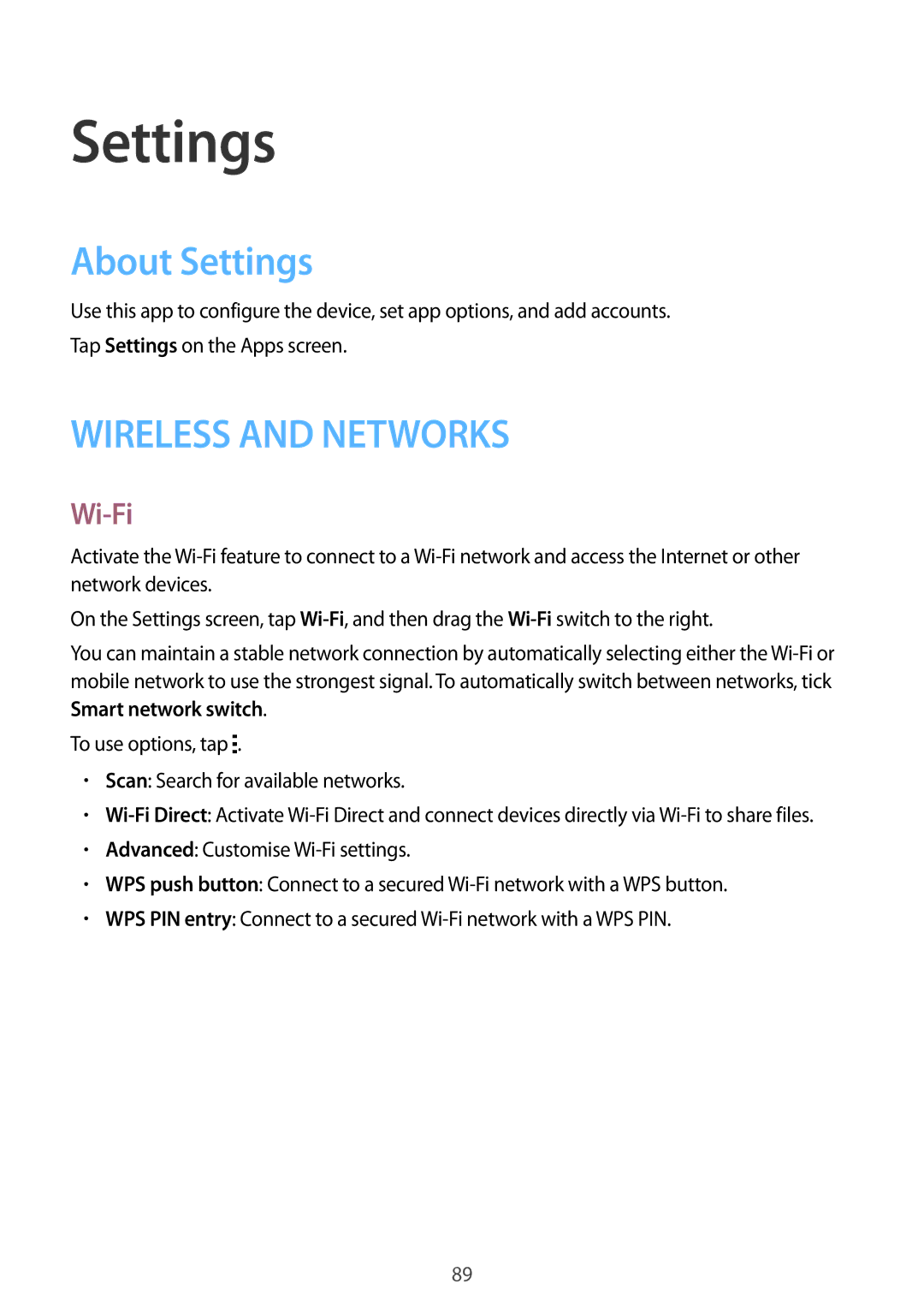 Samsung SM-G350EZKATMC, SM-G350EZKAAFG, SM-G350EZKAMID, SM-G350EZWACAC, SM-G350EZWATHR manual About Settings, Wi-Fi 